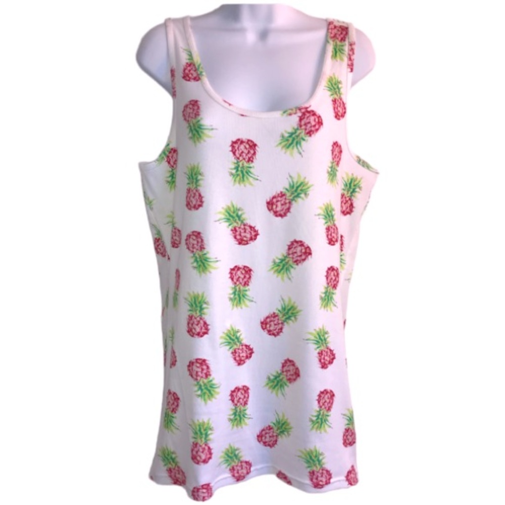 🔴 4/$15 Time & Tru Women’s XXXL 22 red green pineapple print ribbed tank top EUC